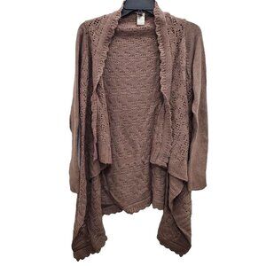 RW&CO Women's Taupe Wool Angora‎ Crochet Knit Open Lapel Waterfall Cardigan Sz M